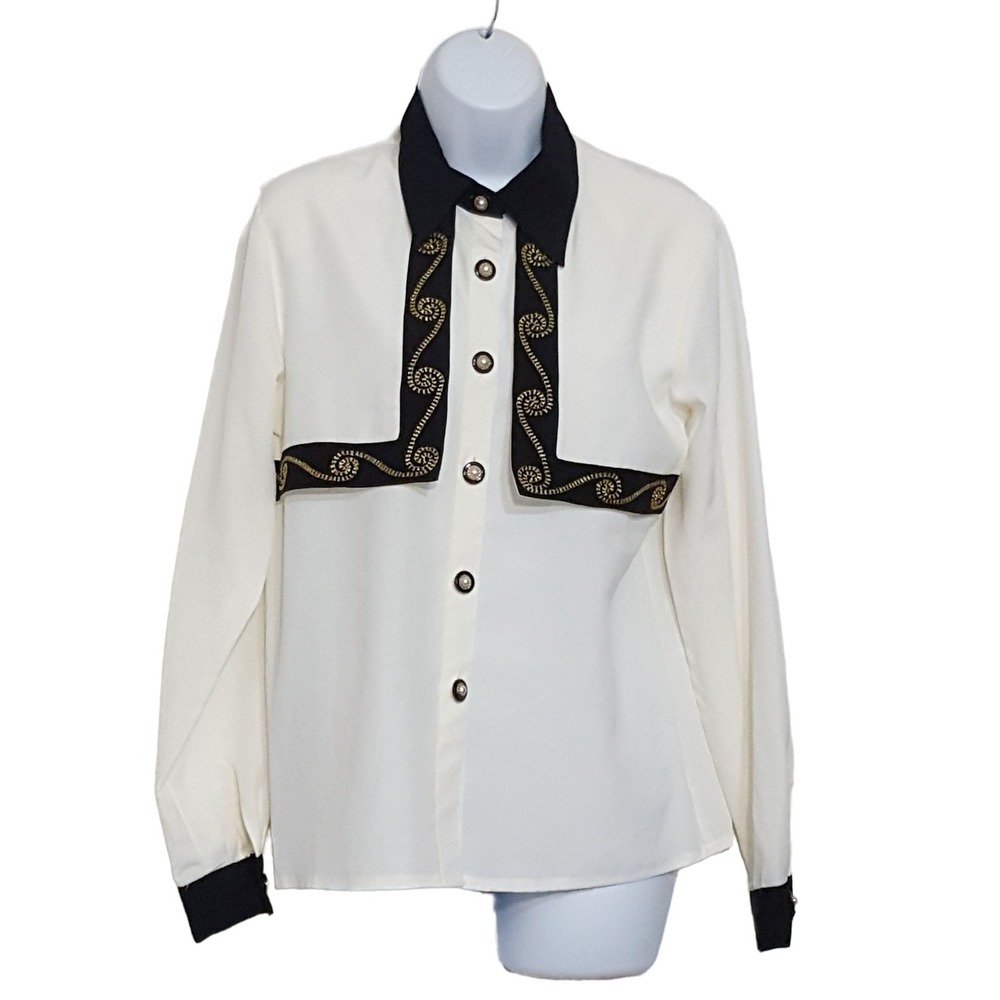 Jordan Blouse Womens S Vintage 90s Cape White Black Trim Pearl Buttons Long Slv